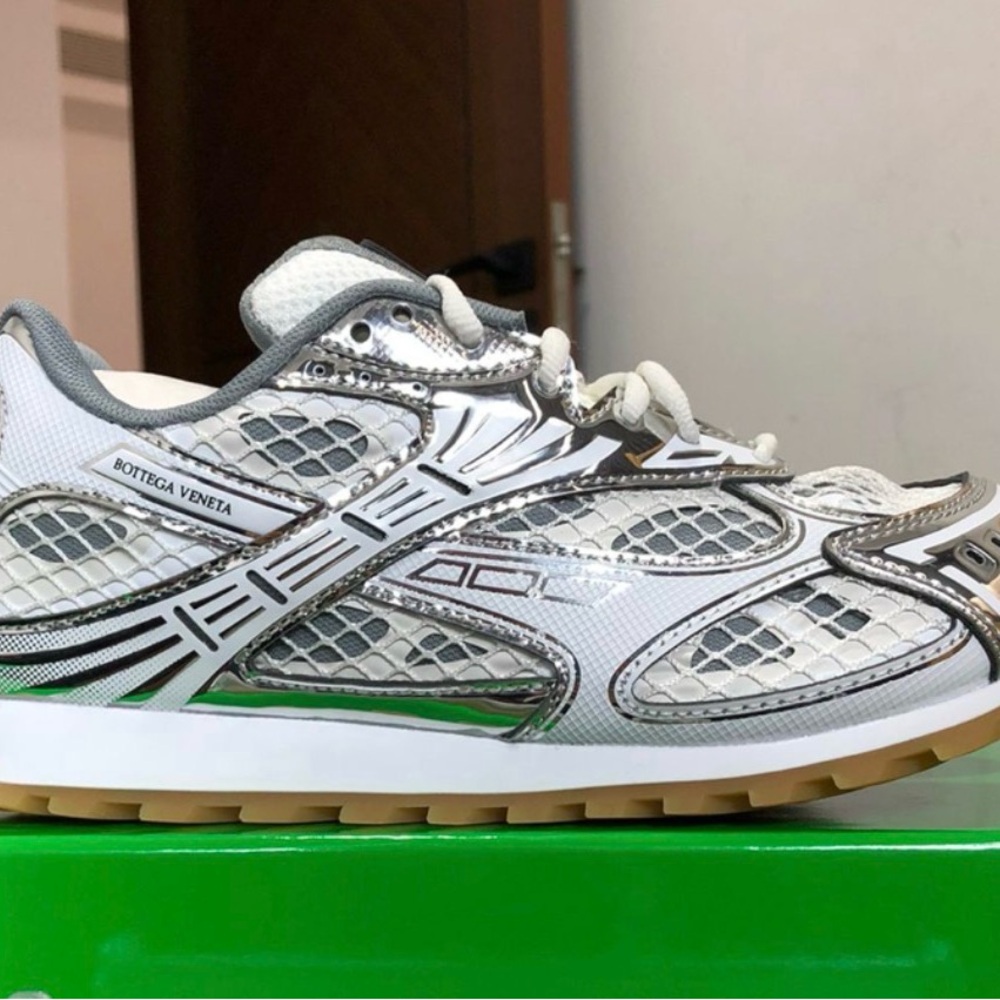 Bottega Veneta White and Silver Mesh Sneakers